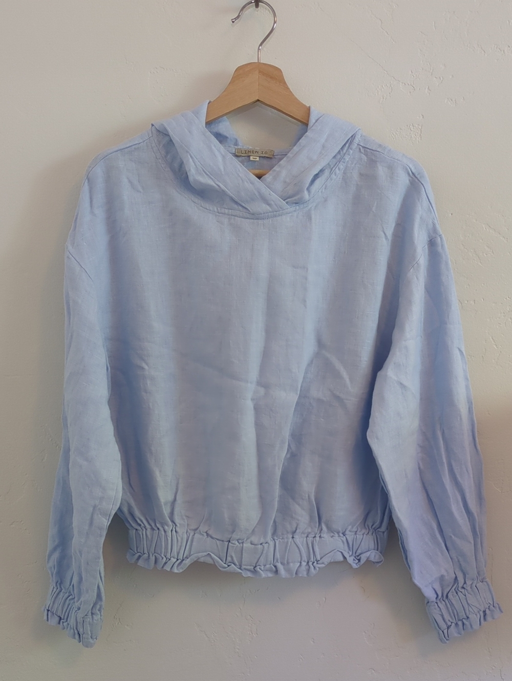 Linen Light Blue Hooded Pullover with Elastic Hem & Wrists